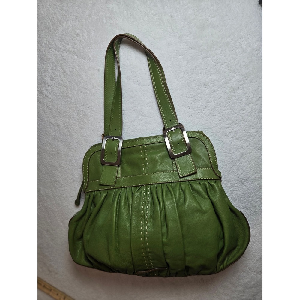 Vtg Cole Haan Green Leather Pleated Shoulder Bag Contrast Stitching and Buckle